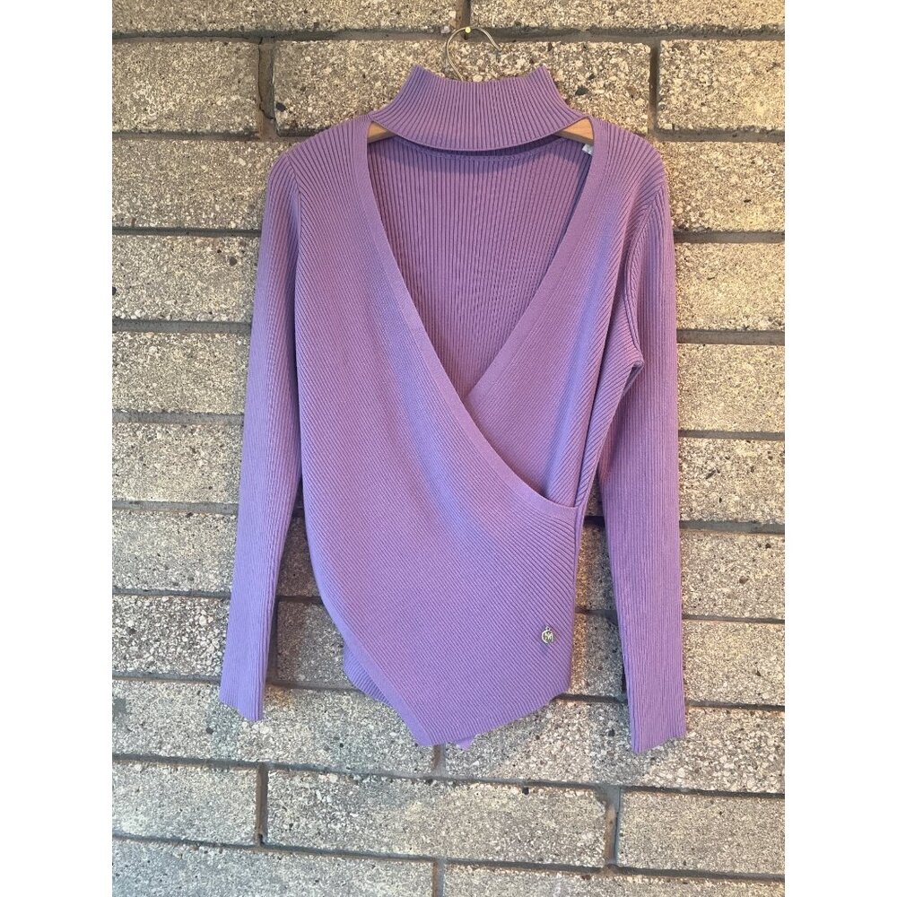 Milly Purple Ribbed Knit Long Sleeve Bodysuit With Deep V-Neck & Turtleneck Coll